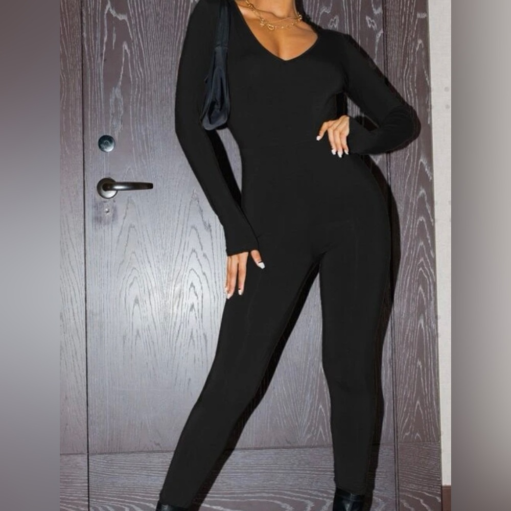 Black solid high waist Unitard Jumpsuit
